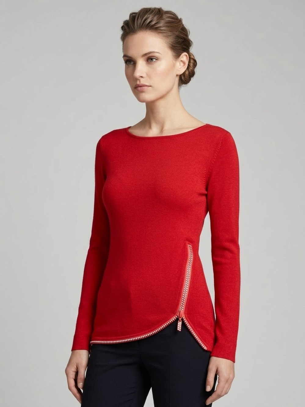 Vila Milano Red Wool Blend Fine Knit Top with Asymmetrical Side Zip Hem